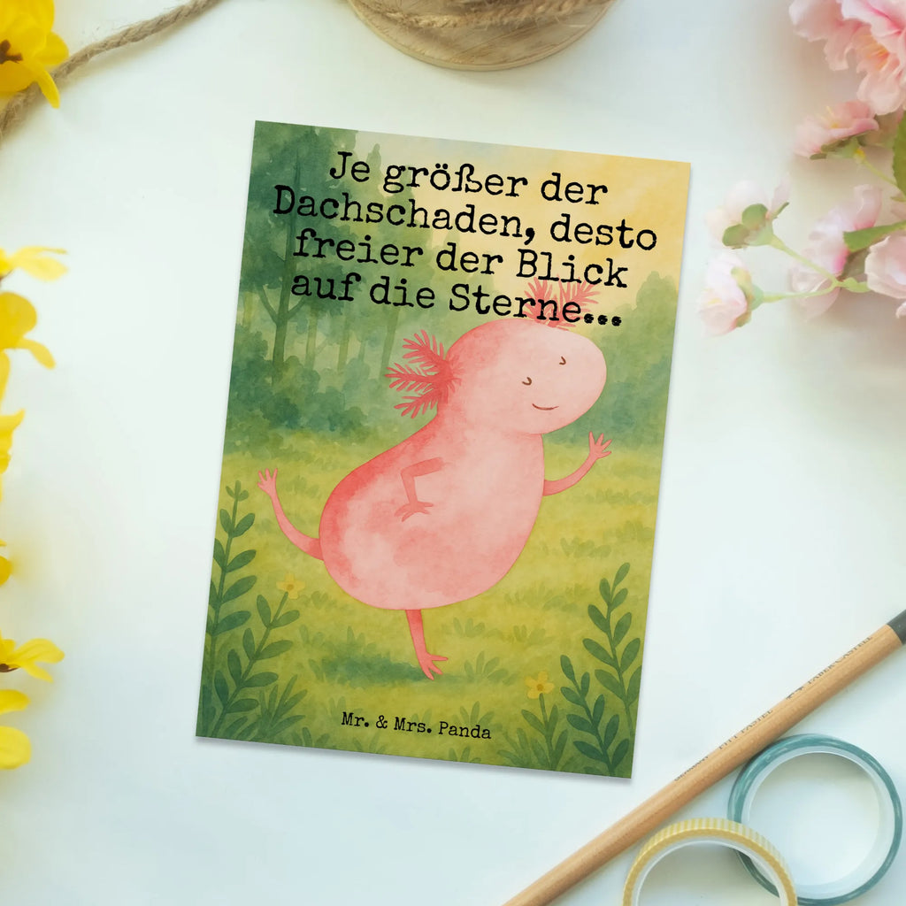 Postkarte Axolotl Tanzen Design Postkarte, Karte, Geschenkkarte, Grußkarte, Einladung, Ansichtskarte, Geburtstagskarte, Einladungskarte, Dankeskarte, Ansichtskarten, Einladung Geburtstag, Einladungskarten Geburtstag, Axolotl, Molch, Axolot, Schwanzlurch, Lurch, Lurche, Dachschaden, Sterne, verrückt, Freundin, beste Freundin