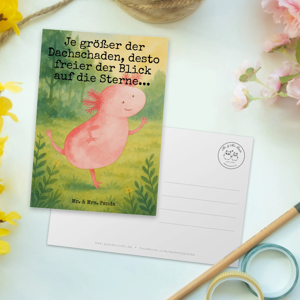 Postkarte Axolotl Tanzen Design Postkarte, Karte, Geschenkkarte, Grußkarte, Einladung, Ansichtskarte, Geburtstagskarte, Einladungskarte, Dankeskarte, Ansichtskarten, Einladung Geburtstag, Einladungskarten Geburtstag, Axolotl, Molch, Axolot, Schwanzlurch, Lurch, Lurche, Dachschaden, Sterne, verrückt, Freundin, beste Freundin