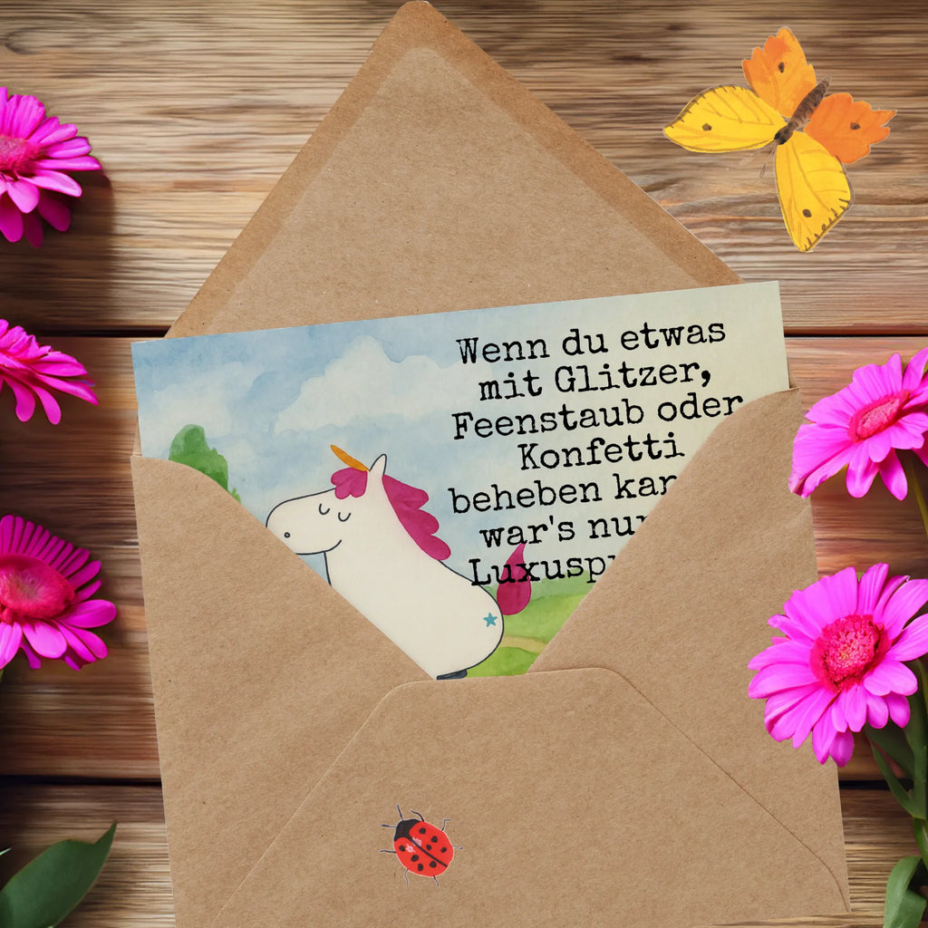 Deluxe Card unicorn cyclist Design Karte, Grußkarte, Klappkarte, Einladungskarte, Glückwunschkarte, Hochzeitskarte, Geburtstagskarte, Hochwertige Grußkarte, Hochwertige Klappkarte, Einhorn, Einhörner, Einhorn Deko, Unicorn, Radfahren, Radfahrer, Rad, Bike, Feenstaub, Konfetti, Luxusproblem, Kummer, Liebeskummer