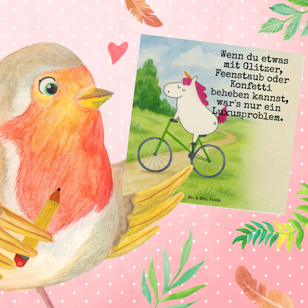 Deluxe Card unicorn cyclist Design Karte, Grußkarte, Klappkarte, Einladungskarte, Glückwunschkarte, Hochzeitskarte, Geburtstagskarte, Hochwertige Grußkarte, Hochwertige Klappkarte, Einhorn, Einhörner, Einhorn Deko, Unicorn, Radfahren, Radfahrer, Rad, Bike, Feenstaub, Konfetti, Luxusproblem, Kummer, Liebeskummer
