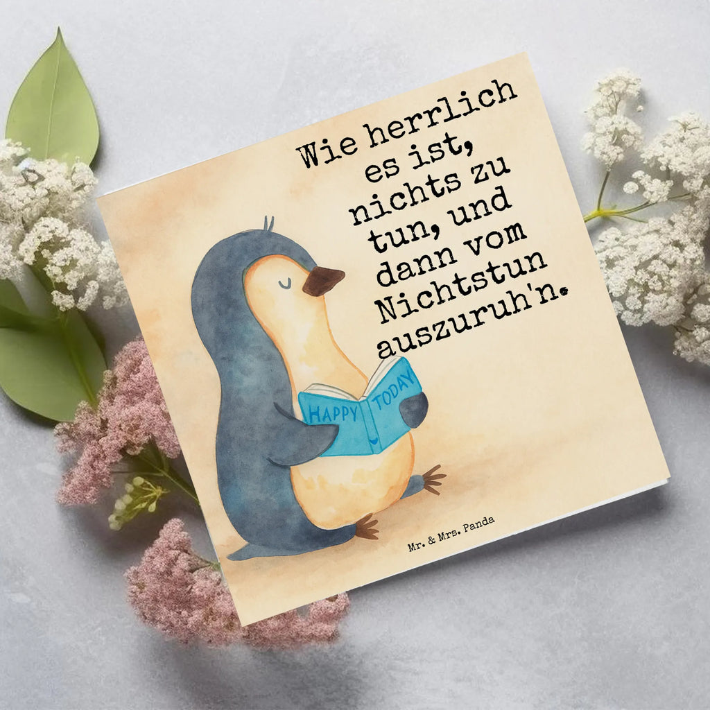 Deluxe Karte Pinguin Buch Design Karte, Grußkarte, Klappkarte, Einladungskarte, Glückwunschkarte, Hochzeitskarte, Geburtstagskarte, Hochwertige Grußkarte, Hochwertige Klappkarte, Pinguin, Pinguine, Buch, Lesen, Bücherwurm, Nichtstun, Faulenzen, Ferien, Urlaub, Freizeit