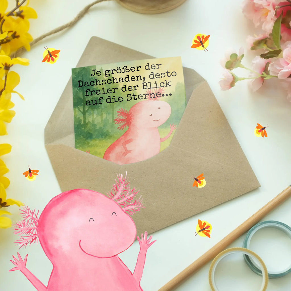 Grußkarte Axolotl Tanzen Design Grußkarte, Klappkarte, Einladungskarte, Glückwunschkarte, Hochzeitskarte, Geburtstagskarte, Karte, Ansichtskarten, Axolotl, Molch, Axolot, Schwanzlurch, Lurch, Lurche, Dachschaden, Sterne, verrückt, Freundin, beste Freundin