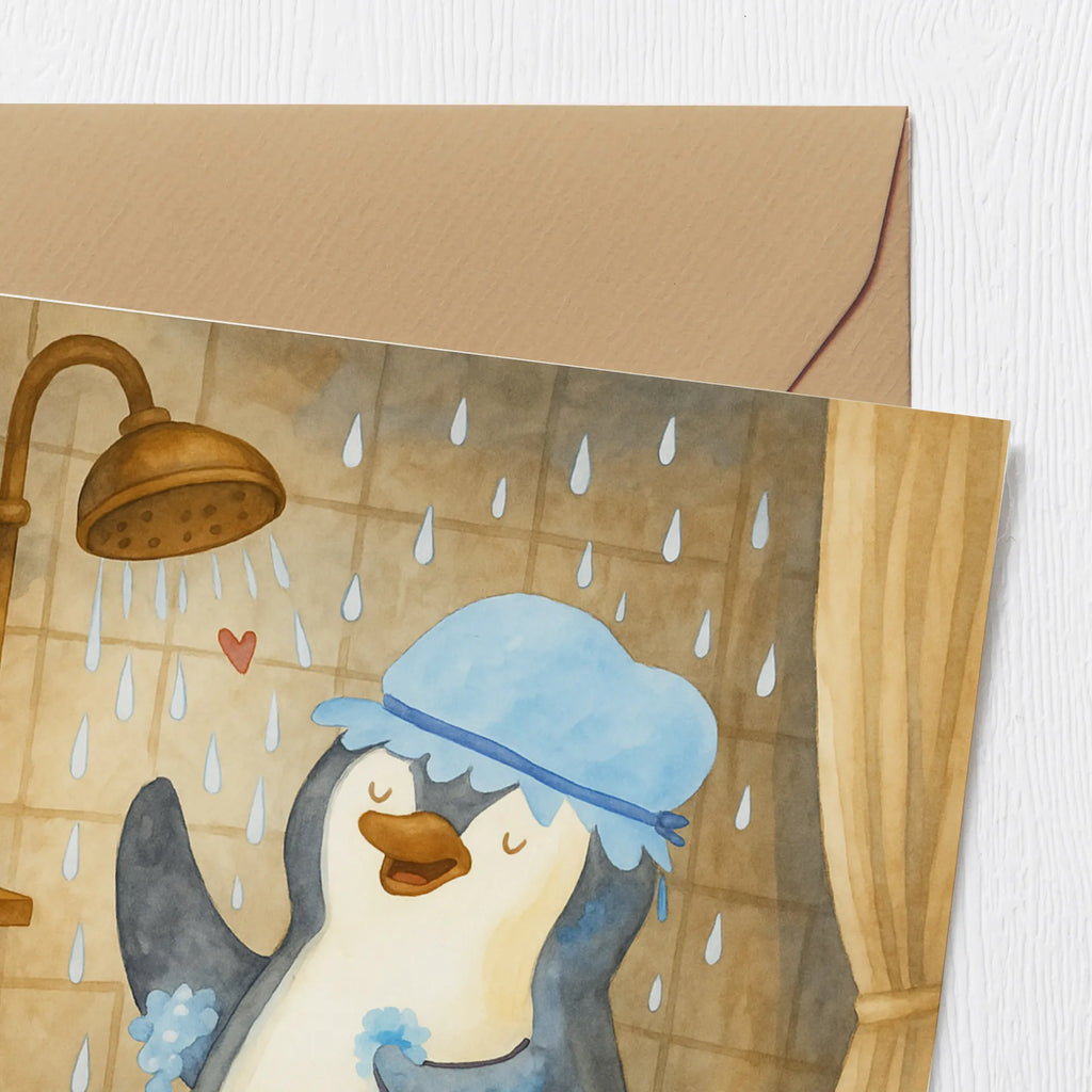 Deluxe Card Penguin have a shower Design Klappkarte, Grußkarte, Hochwertige Klappkarte, Geburtstagskarte, Karte, Hochzeitskarte, Hochwertige Grußkarte, Glückwunschkarte, Einladungskarte, Pinguin, Dusche, Pinguine, Neustart, Neuanfang, Motivation, glücklich sein, Lebensmotto, duschen