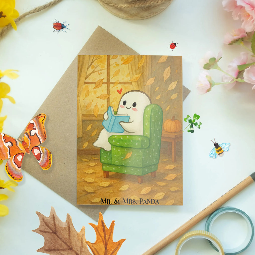 Greetings card Ghost Book Design Ansichtskarten, Klappkarte, Geburtstagskarte, Grußkarte, Einladungskarte, Karte, Hochzeitskarte, Glückwunschkarte, Halloween, Deko, Martinssingen, Dekoration, Geschenke, Schenken, Gespenst, Herbst, gemütlich, Buch