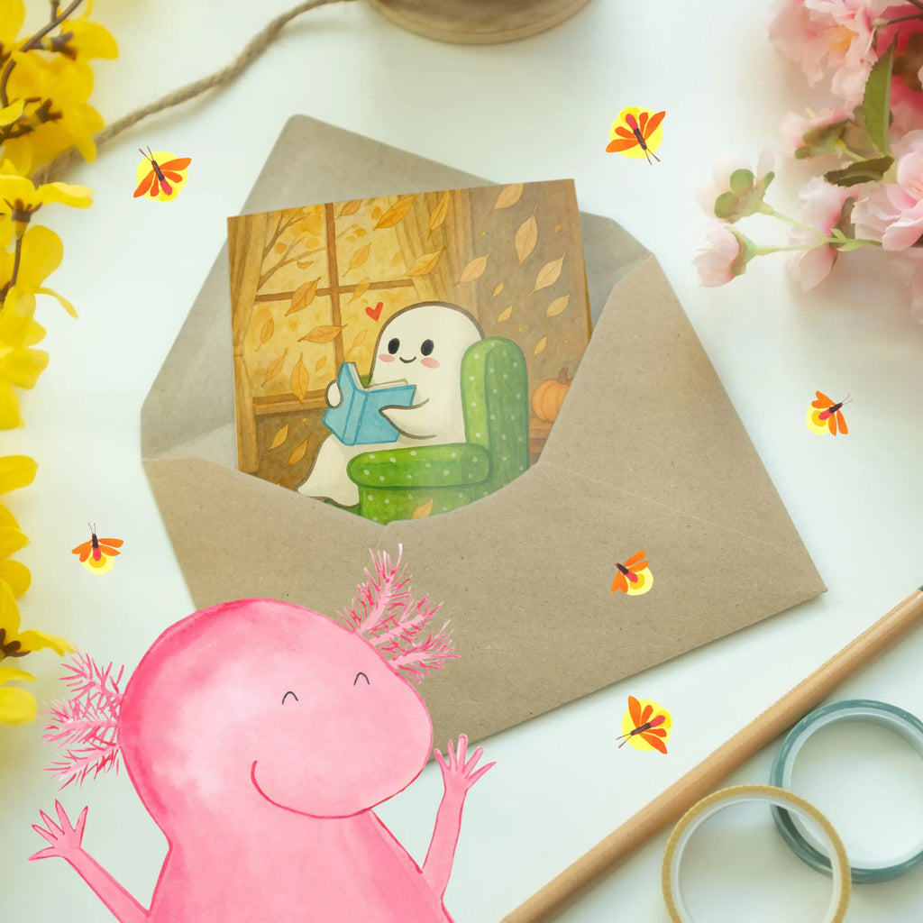 Greetings card Ghost Book Design Ansichtskarten, Klappkarte, Geburtstagskarte, Grußkarte, Einladungskarte, Karte, Hochzeitskarte, Glückwunschkarte, Halloween, Deko, Martinssingen, Dekoration, Geschenke, Schenken, Gespenst, Herbst, gemütlich, Buch