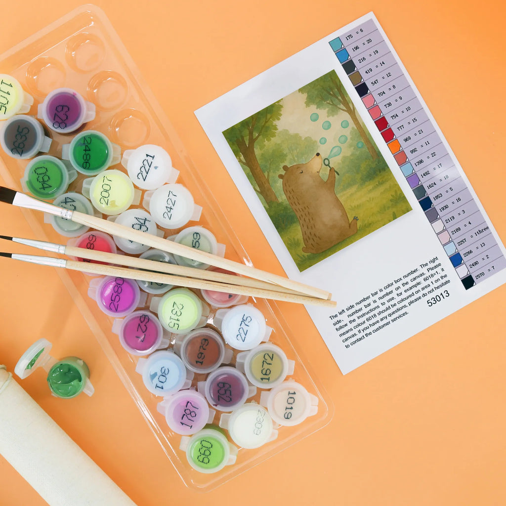 Paint by Numbers bear soap bubbles Design Kunstwerk, Malen nach Zahlen, Ausmalbild, Bär, Teddy, Teddybär, Seifenblasen Bär Lustig Sein Glücklich Traurig Happy