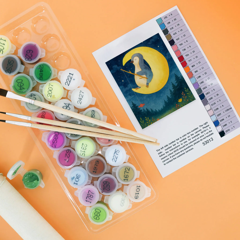 Malen nach Zahlen Pinguin Mond Design Malen nach Zahlen, Malen, Baseln, Kreativität, Künstler, Ausmalbild, Kunstwerk, DIY, Bastelidee, Pinguin, Pinguine, Gästezimmer, Schlafzimmer, schlafen, Nachtruhe, Schlafstörungen, Spruch, Einschlafen