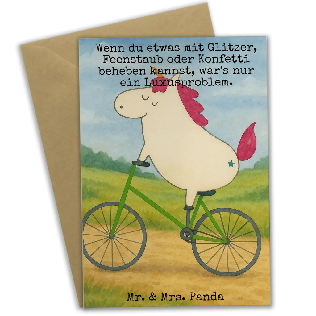 Greetings card unicorn cyclist Design Grußkarte, Klappkarte, Einladungskarte, Glückwunschkarte, Hochzeitskarte, Geburtstagskarte, Karte, Ansichtskarten, Einhorn, Einhörner, Einhorn Deko, Unicorn, Radfahren, Radfahrer, Rad, Bike, Feenstaub, Konfetti, Luxusproblem, Kummer, Liebeskummer