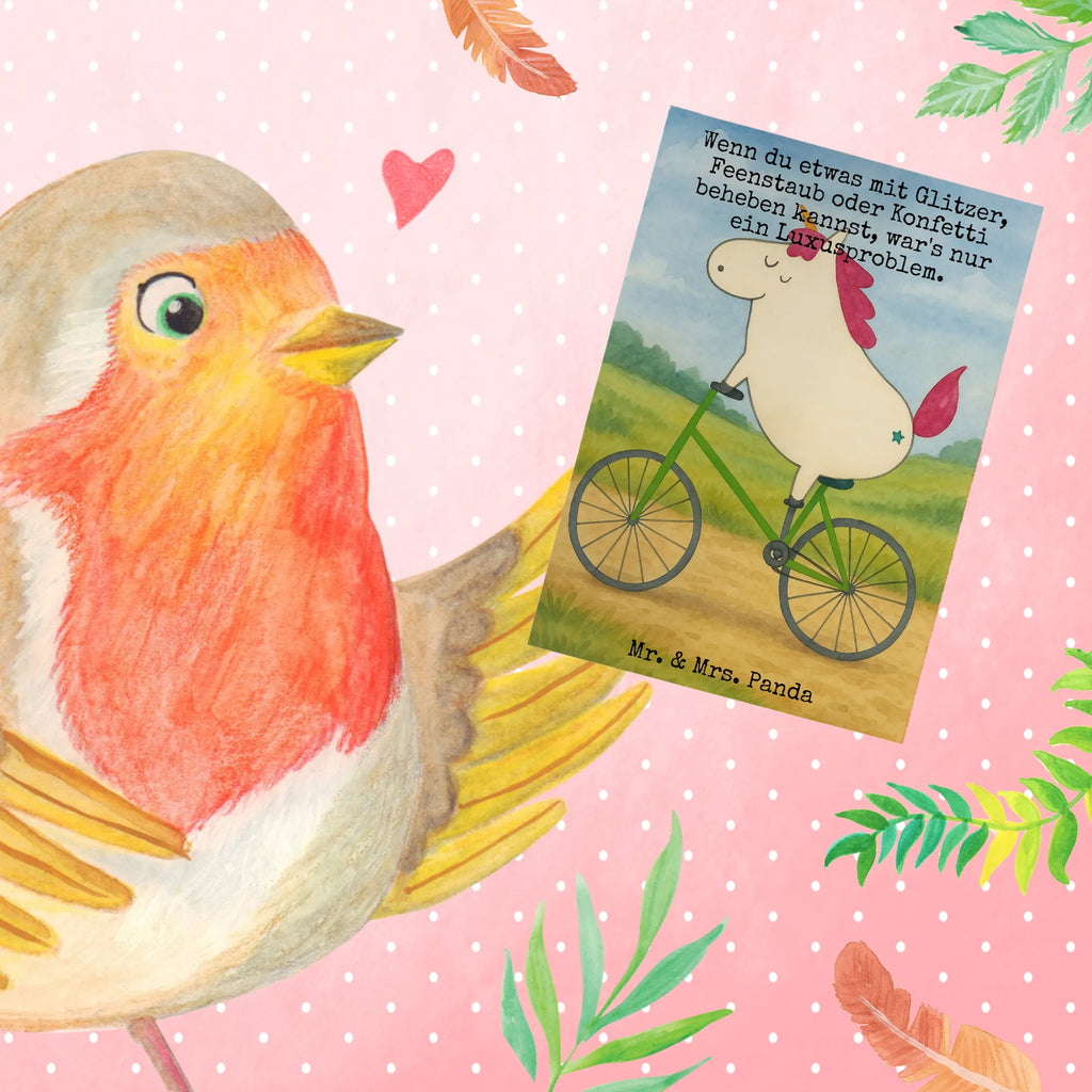Greetings card unicorn cyclist Design Grußkarte, Klappkarte, Einladungskarte, Glückwunschkarte, Hochzeitskarte, Geburtstagskarte, Karte, Ansichtskarten, Einhorn, Einhörner, Einhorn Deko, Unicorn, Radfahren, Radfahrer, Rad, Bike, Feenstaub, Konfetti, Luxusproblem, Kummer, Liebeskummer