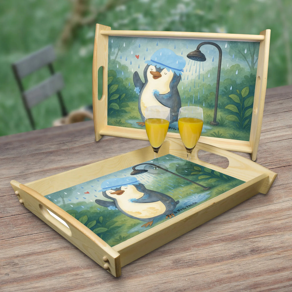 Serviertablett Pinguin Duschen Design Holztablett, Frühstückstablett, Serviertablett, Küchentablett, Tablett, Dekotablett, Pinguin, duschen, Dusche, Lebensmotto, glücklich sein, Motivation, Neustart, Pinguine, Neuanfang