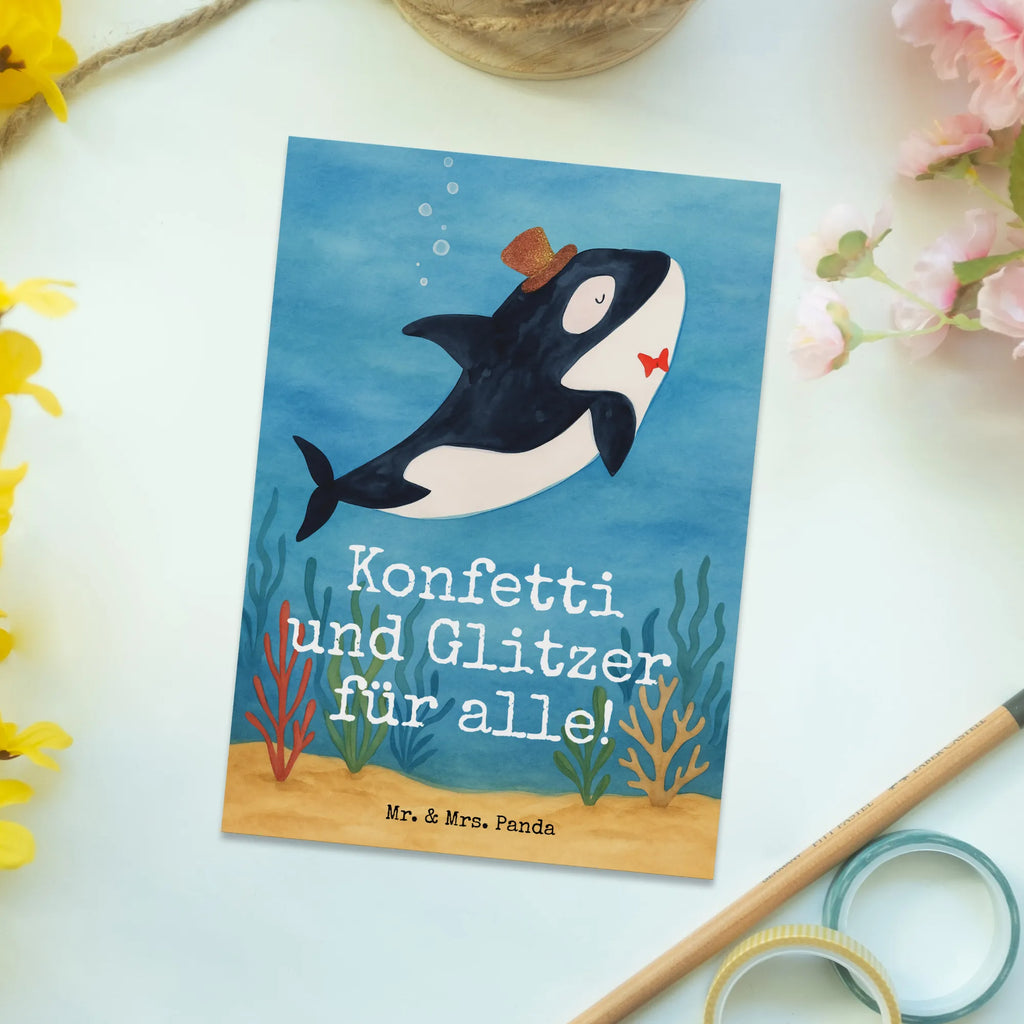 Postkarte Orca Zylinder Design Postkarte, Karte, Geschenkkarte, Grußkarte, Einladung, Ansichtskarte, Geburtstagskarte, Einladungskarte, Dankeskarte, Ansichtskarten, Einladung Geburtstag, Einladungskarten Geburtstag, Meerestiere, Meer, Urlaub, Narwal, Glitter, Konfetti, Glitzer, Geburtstag, Feier, Fete, Fest, Glückwunsch, Orca