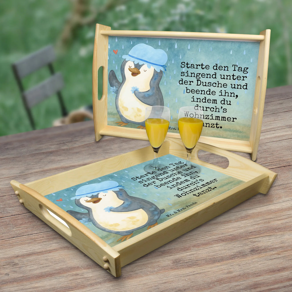 Serviertablett Pinguin Duschen Design Holztablett, Frühstückstablett, Serviertablett, Küchentablett, Tablett, Dekotablett, Pinguin, duschen, Dusche, Lebensmotto, glücklich sein, Motivation, Neustart, Pinguine, Neuanfang