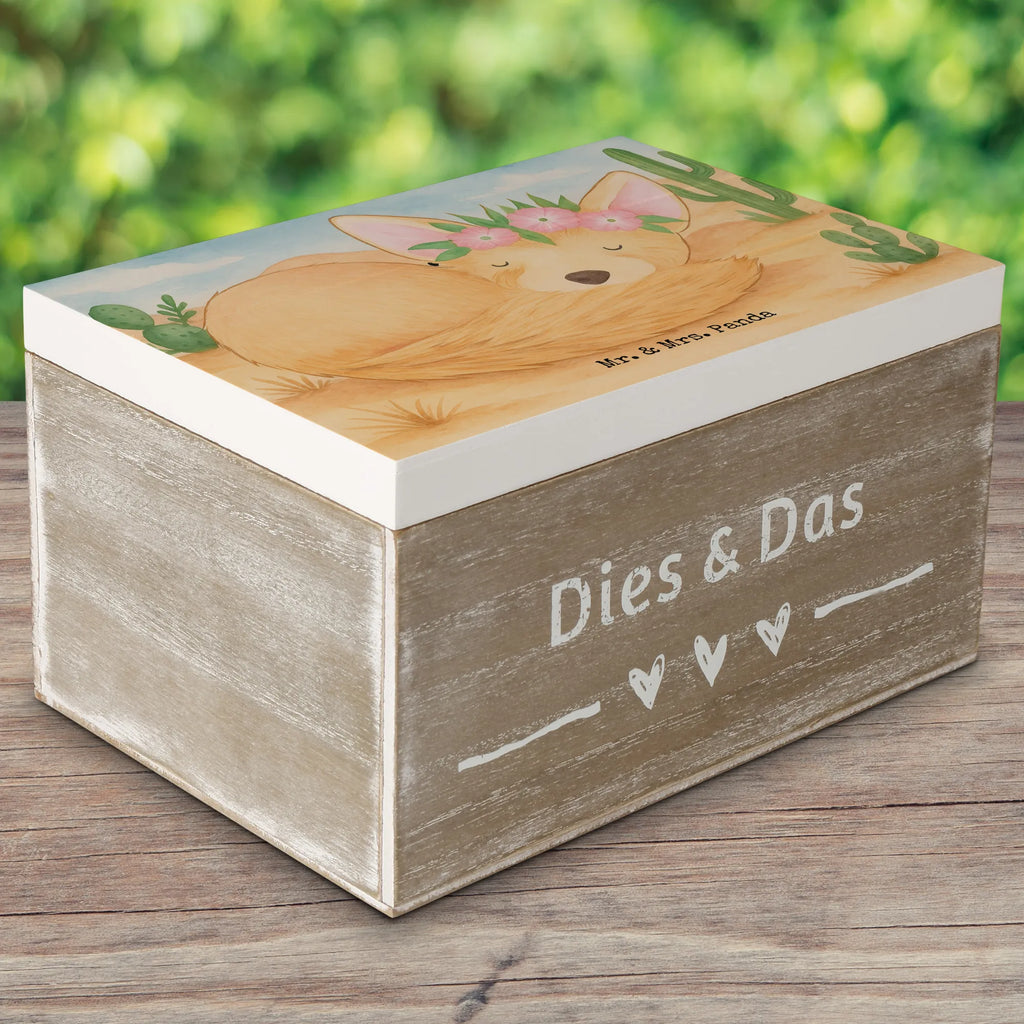 Holzkiste Wüstenfuchs Blumen Design Truhe, Erinnerungsbox, Schatulle, Schatzkiste, Geschenkbox, Geschenkdose, XXL, Holzkiste, Aufbewahrungsbox, Erinnerungskiste, Dekokiste, Kiste, Afrika, Wildtiere, Wüstenfuchs, Wüste, Glücklich, Blumen, Blumenkranz