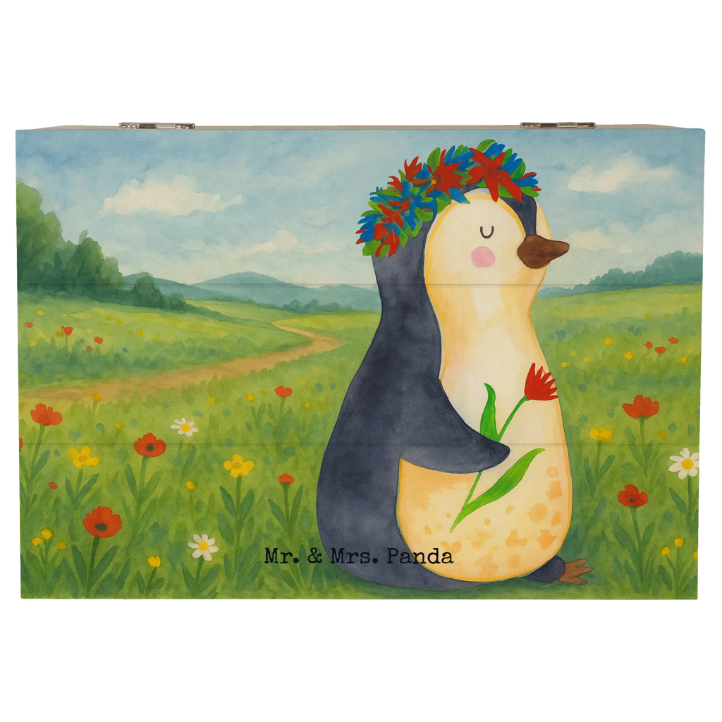 Holzkiste Pinguin Blumen Design Geschenkdose, Schatulle, Holzkiste, Dekokiste, Schatzkiste, Aufbewahrungsbox, XXL, Geschenkbox, Truhe, Kiste, Erinnerungsbox, Erinnerungskiste, Pinguin, Geschenkidee, Leben, Motivation, Blumenkranz, Lebenslust, Wünsche, Liebeskummer, Universum, Pinguine, Ziele, Lebensziele