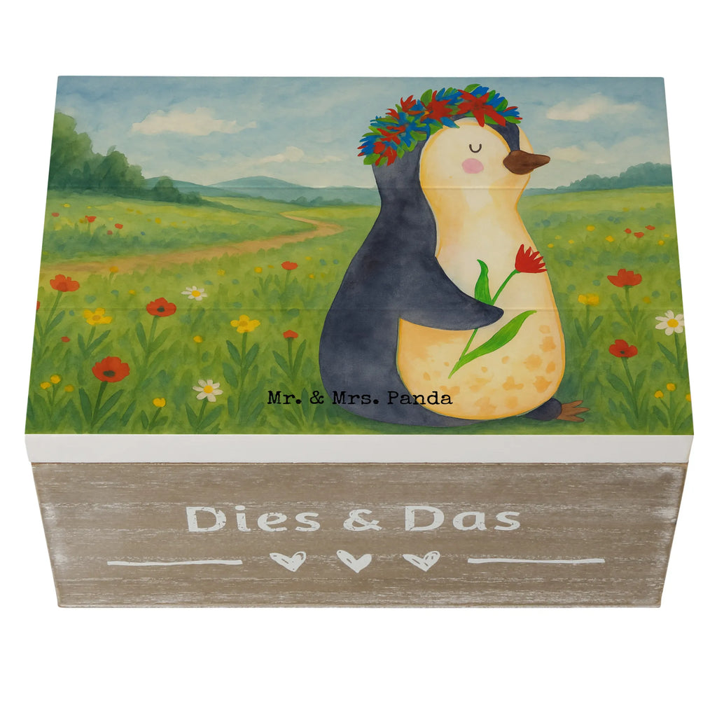 Holzkiste Pinguin Blumen Design Geschenkdose, Schatulle, Holzkiste, Dekokiste, Schatzkiste, Aufbewahrungsbox, XXL, Geschenkbox, Truhe, Kiste, Erinnerungsbox, Erinnerungskiste, Pinguin, Geschenkidee, Leben, Motivation, Blumenkranz, Lebenslust, Wünsche, Liebeskummer, Universum, Pinguine, Ziele, Lebensziele