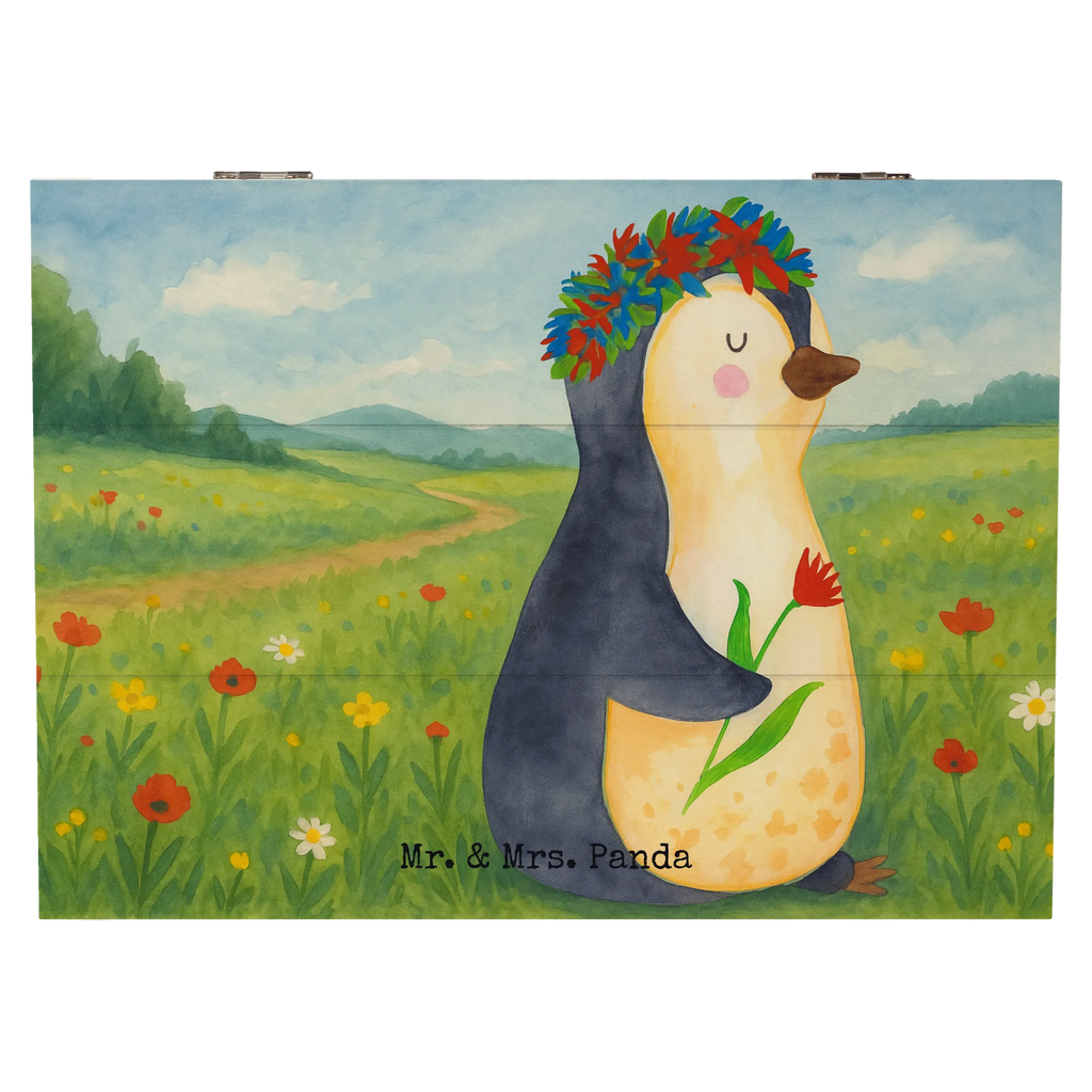 Holzkiste Pinguin Blumen Design Geschenkdose, Schatulle, Holzkiste, Dekokiste, Schatzkiste, Aufbewahrungsbox, XXL, Geschenkbox, Truhe, Kiste, Erinnerungsbox, Erinnerungskiste, Pinguin, Geschenkidee, Leben, Motivation, Blumenkranz, Lebenslust, Wünsche, Liebeskummer, Universum, Pinguine, Ziele, Lebensziele