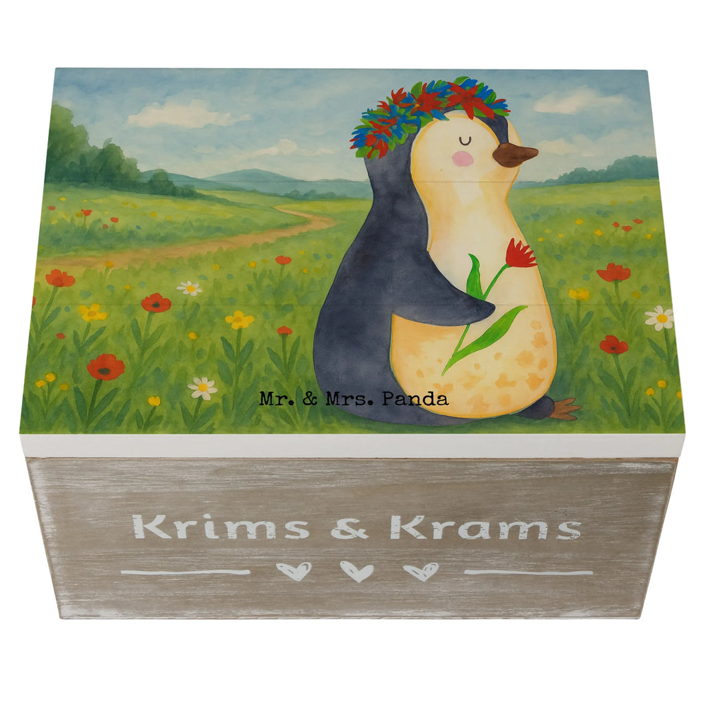 Holzkiste Pinguin Blumen Design Geschenkdose, Schatulle, Holzkiste, Dekokiste, Schatzkiste, Aufbewahrungsbox, XXL, Geschenkbox, Truhe, Kiste, Erinnerungsbox, Erinnerungskiste, Pinguin, Geschenkidee, Leben, Motivation, Blumenkranz, Lebenslust, Wünsche, Liebeskummer, Universum, Pinguine, Ziele, Lebensziele