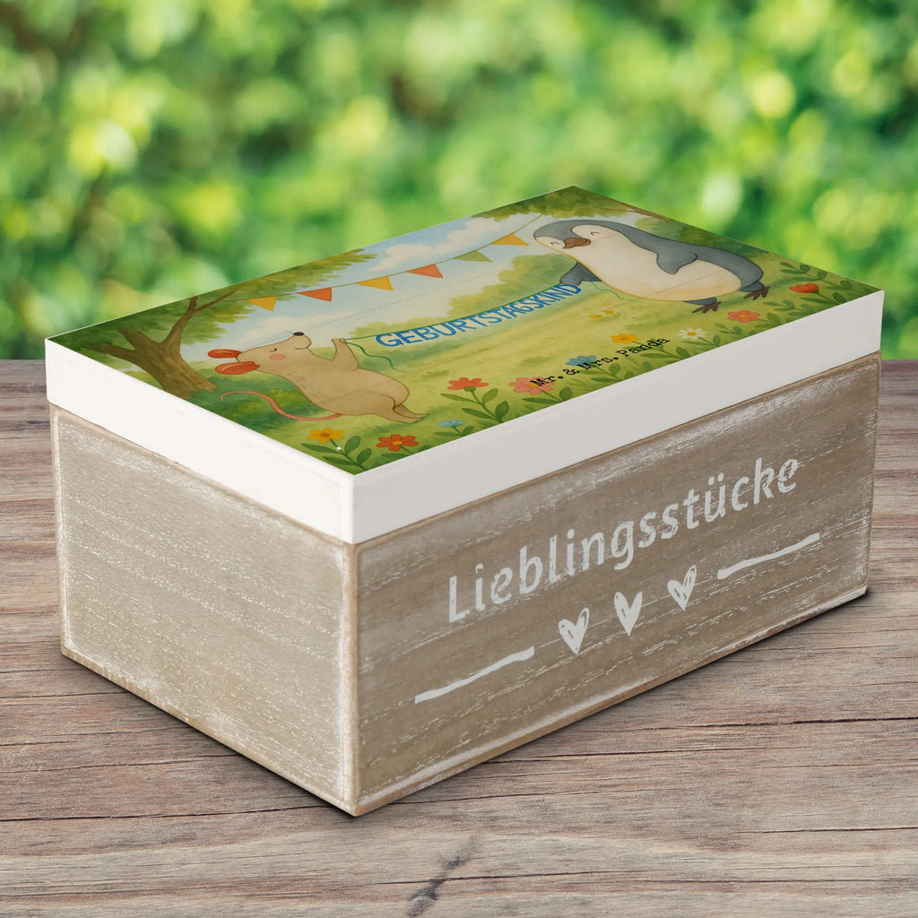 Skrzynia drewniana Mysz Pingwin urodziny Design Schatzkiste, Erinnerungsbox, Geschenkdose, Truhe, Aufbewahrungsbox, XXL, Geschenkbox, Erinnerungskiste, Kiste, Holzkiste, Dekokiste, Schatulle, Geburtstag, Geburtstagsgeschenk, Geschenk, Geburtstagsfeier, Pinguin, Happy Birthday, Geburtstage, Maus