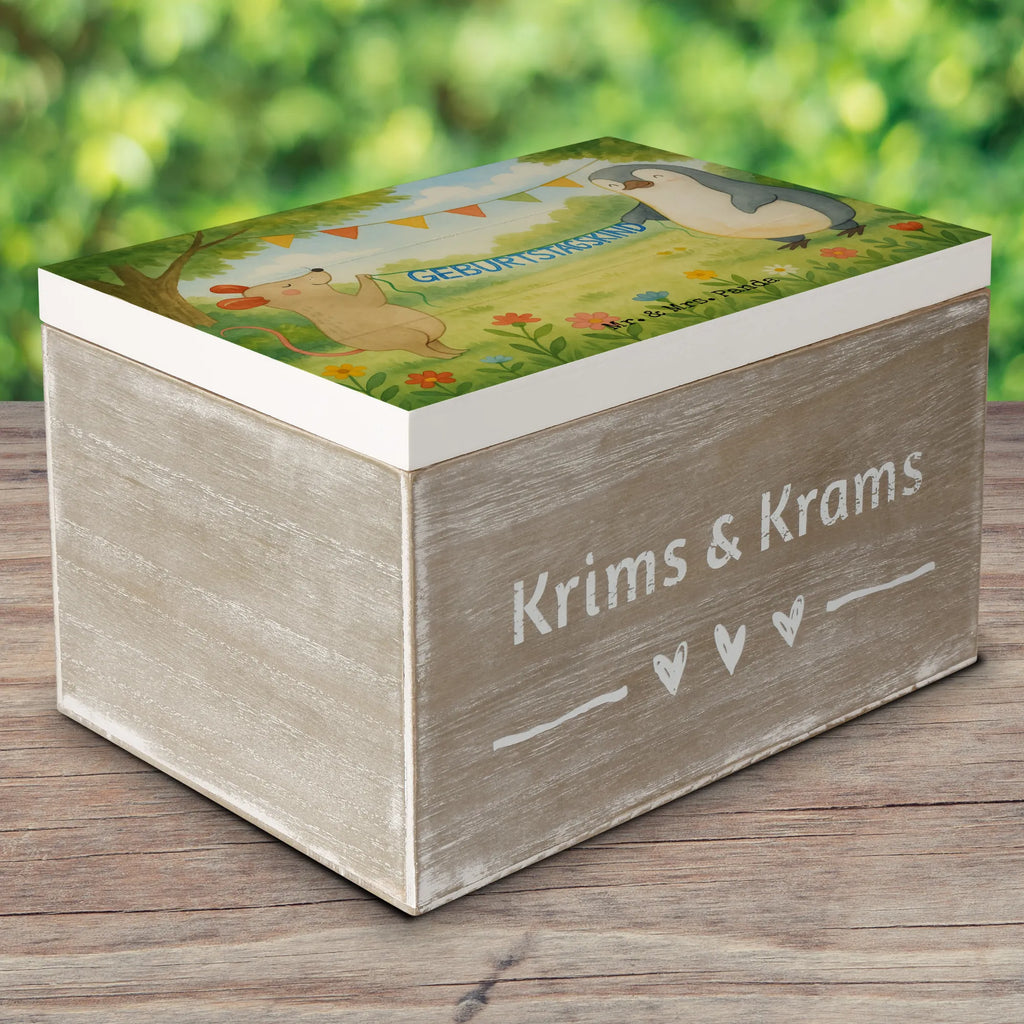 Skrzynia drewniana Mysz Pingwin urodziny Design Schatzkiste, Erinnerungsbox, Geschenkdose, Truhe, Aufbewahrungsbox, XXL, Geschenkbox, Erinnerungskiste, Kiste, Holzkiste, Dekokiste, Schatulle, Geburtstag, Geburtstagsgeschenk, Geschenk, Geburtstagsfeier, Pinguin, Happy Birthday, Geburtstage, Maus