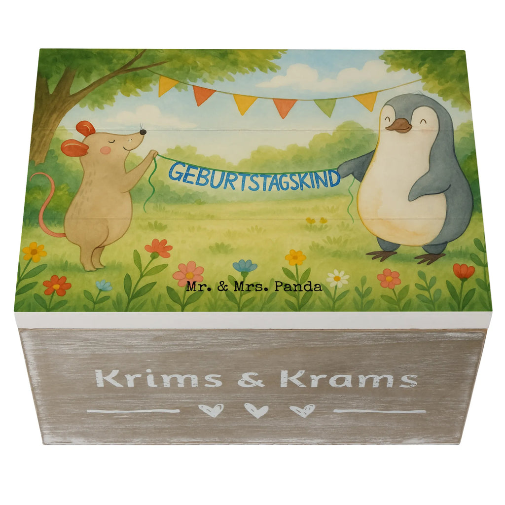 Skrzynia drewniana Mysz Pingwin urodziny Design Schatzkiste, Erinnerungsbox, Geschenkdose, Truhe, Aufbewahrungsbox, XXL, Geschenkbox, Erinnerungskiste, Kiste, Holzkiste, Dekokiste, Schatulle, Geburtstag, Geburtstagsgeschenk, Geschenk, Geburtstagsfeier, Pinguin, Happy Birthday, Geburtstage, Maus