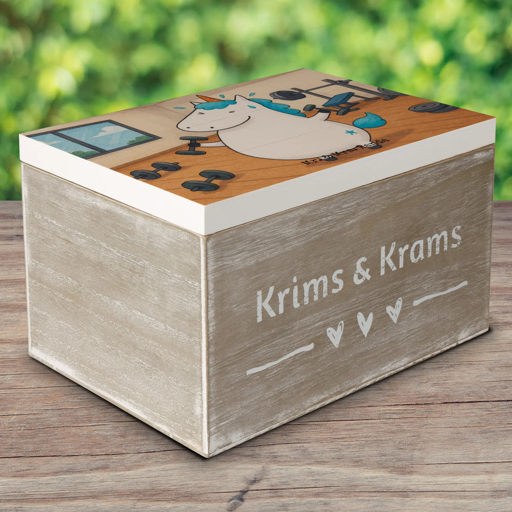 Holzkiste Einhorn Fitness Design Truhe, XXL, Geschenkbox, Schatzkiste, Holzkiste, Kiste, Schatulle, Aufbewahrungsbox, Geschenkdose, Erinnerungskiste, Dekokiste, Erinnerungsbox, Einhorn, Einhörner, Einhorn Deko, Unicorn, Gym, Fitnessstudio, Geräte, Fitness, Pumpen, Sixpack, Abnehmen, Sport, Diät