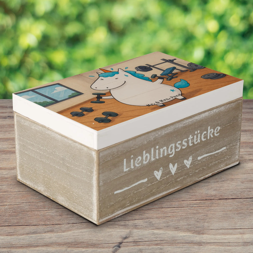 Holzkiste Einhorn Fitness Design Truhe, XXL, Geschenkbox, Schatzkiste, Holzkiste, Kiste, Schatulle, Aufbewahrungsbox, Geschenkdose, Erinnerungskiste, Dekokiste, Erinnerungsbox, Einhorn, Einhörner, Einhorn Deko, Unicorn, Gym, Fitnessstudio, Geräte, Fitness, Pumpen, Sixpack, Abnehmen, Sport, Diät