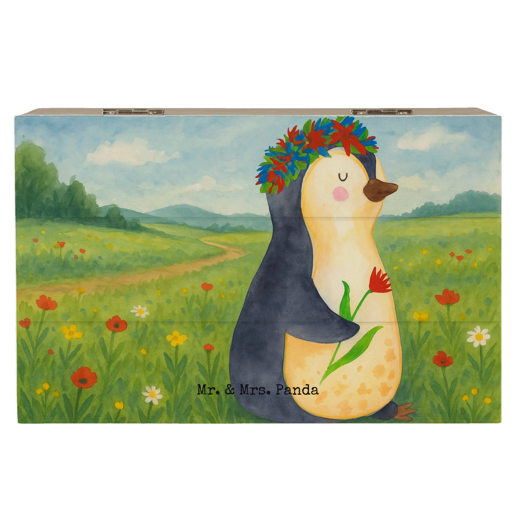 Holzkiste Pinguin Blumen Design Geschenkdose, Schatulle, Holzkiste, Dekokiste, Schatzkiste, Aufbewahrungsbox, XXL, Geschenkbox, Truhe, Kiste, Erinnerungsbox, Erinnerungskiste, Pinguin, Geschenkidee, Leben, Motivation, Blumenkranz, Lebenslust, Wünsche, Liebeskummer, Universum, Pinguine, Ziele, Lebensziele