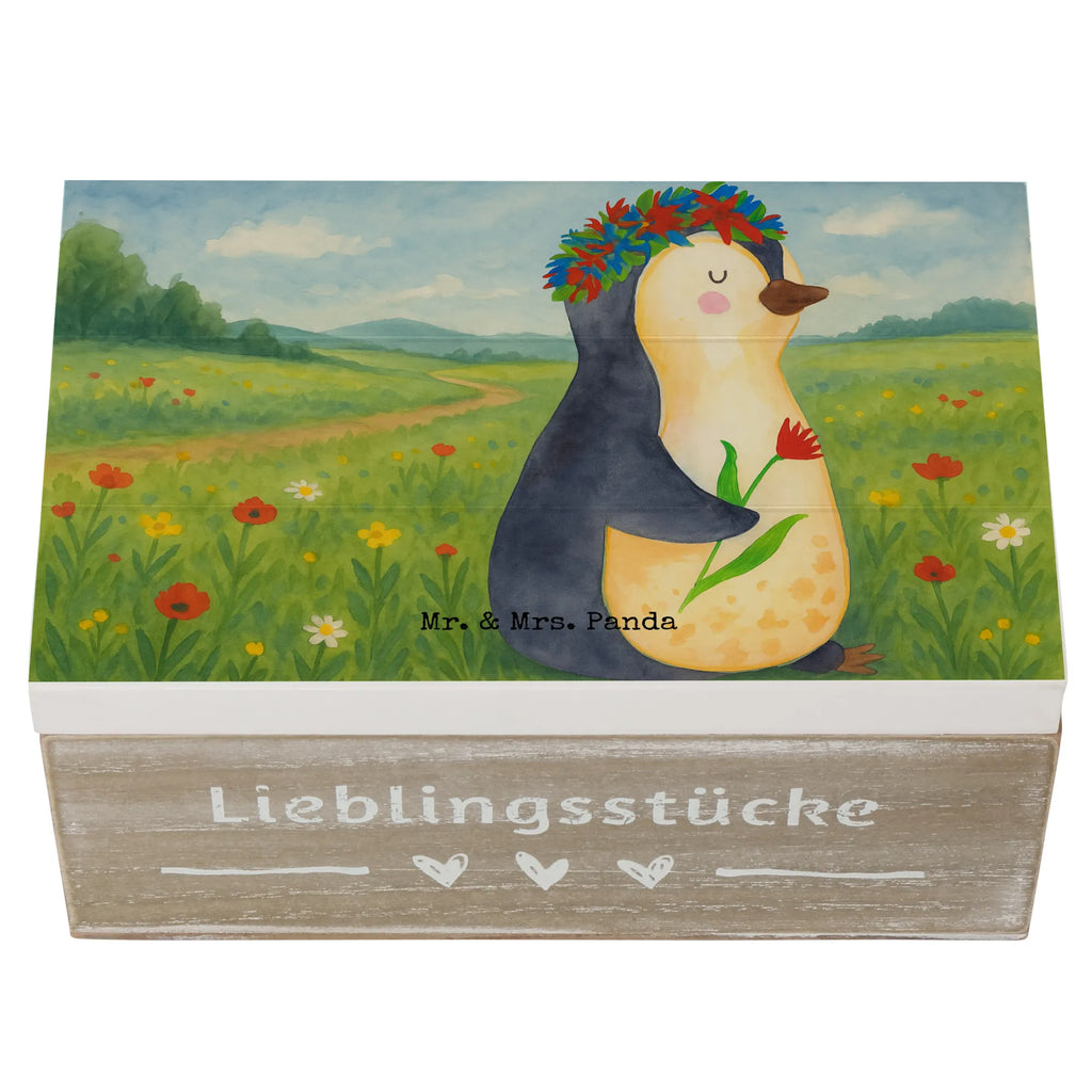 Holzkiste Pinguin Blumen Design Geschenkdose, Schatulle, Holzkiste, Dekokiste, Schatzkiste, Aufbewahrungsbox, XXL, Geschenkbox, Truhe, Kiste, Erinnerungsbox, Erinnerungskiste, Pinguin, Geschenkidee, Leben, Motivation, Blumenkranz, Lebenslust, Wünsche, Liebeskummer, Universum, Pinguine, Ziele, Lebensziele
