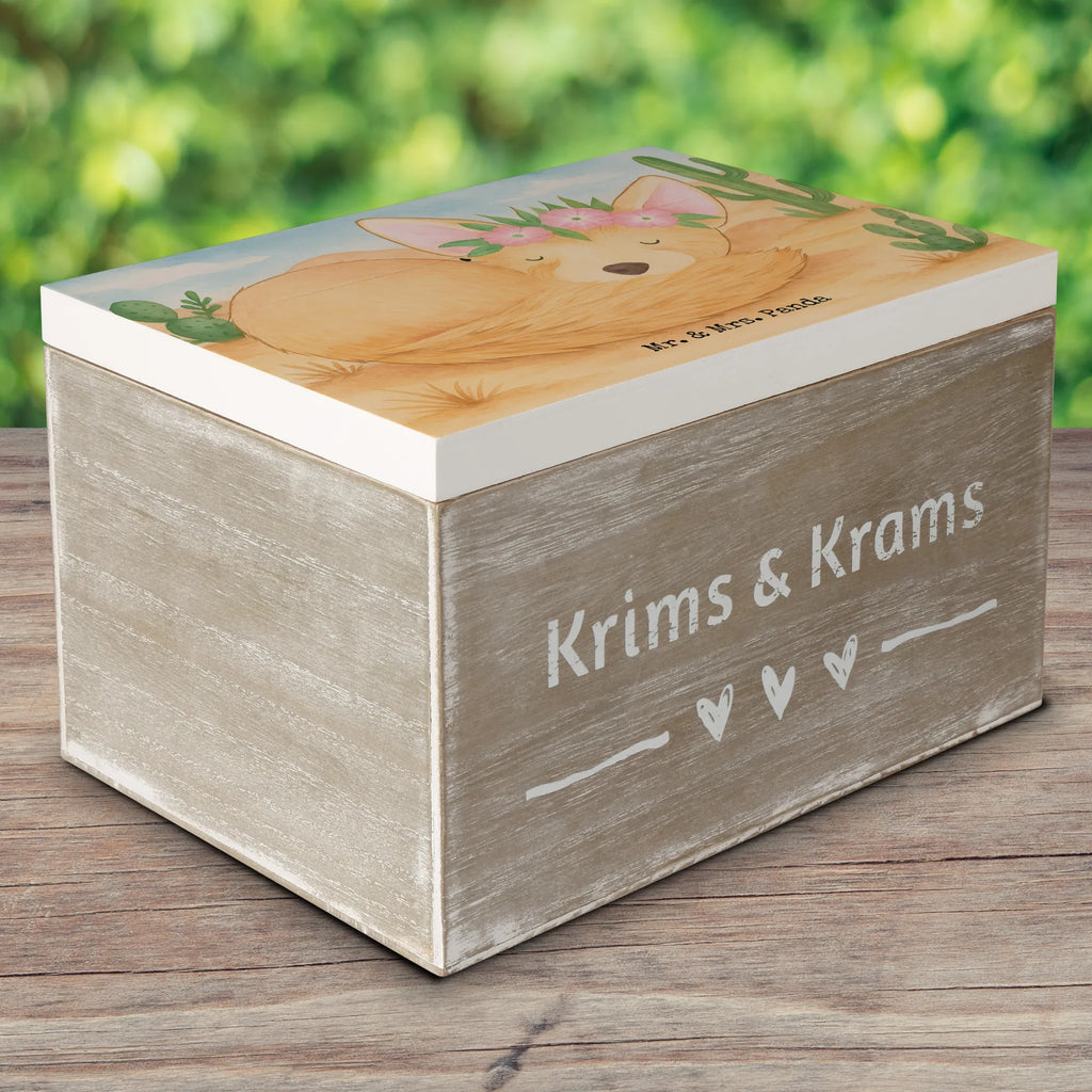 Holzkiste Wüstenfuchs Blumen Design Truhe, Erinnerungsbox, Schatulle, Schatzkiste, Geschenkbox, Geschenkdose, XXL, Holzkiste, Aufbewahrungsbox, Erinnerungskiste, Dekokiste, Kiste, Afrika, Wildtiere, Wüstenfuchs, Wüste, Glücklich, Blumen, Blumenkranz