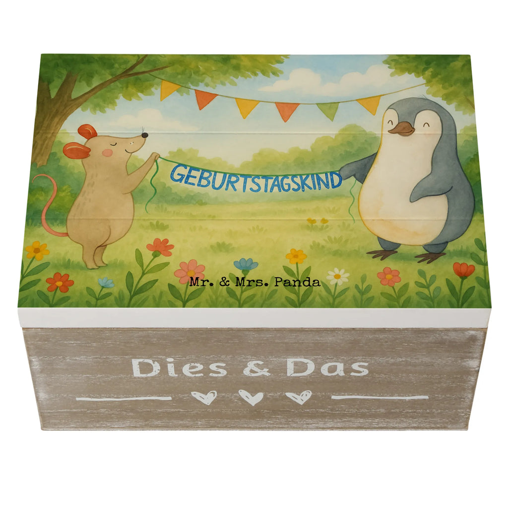 Skrzynia drewniana Mysz Pingwin urodziny Design Schatzkiste, Erinnerungsbox, Geschenkdose, Truhe, Aufbewahrungsbox, XXL, Geschenkbox, Erinnerungskiste, Kiste, Holzkiste, Dekokiste, Schatulle, Geburtstag, Geburtstagsgeschenk, Geschenk, Geburtstagsfeier, Pinguin, Happy Birthday, Geburtstage, Maus