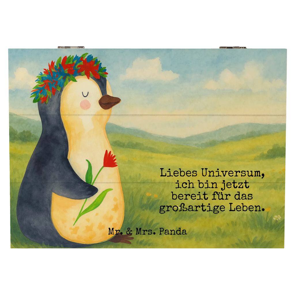 Holzkiste Pinguin Blumen Design Geschenkdose, Schatulle, Holzkiste, Dekokiste, Schatzkiste, Aufbewahrungsbox, XXL, Geschenkbox, Truhe, Kiste, Erinnerungsbox, Erinnerungskiste, Pinguin, Geschenkidee, Leben, Motivation, Blumenkranz, Lebenslust, Wünsche, Liebeskummer, Universum, Pinguine, Ziele, Lebensziele