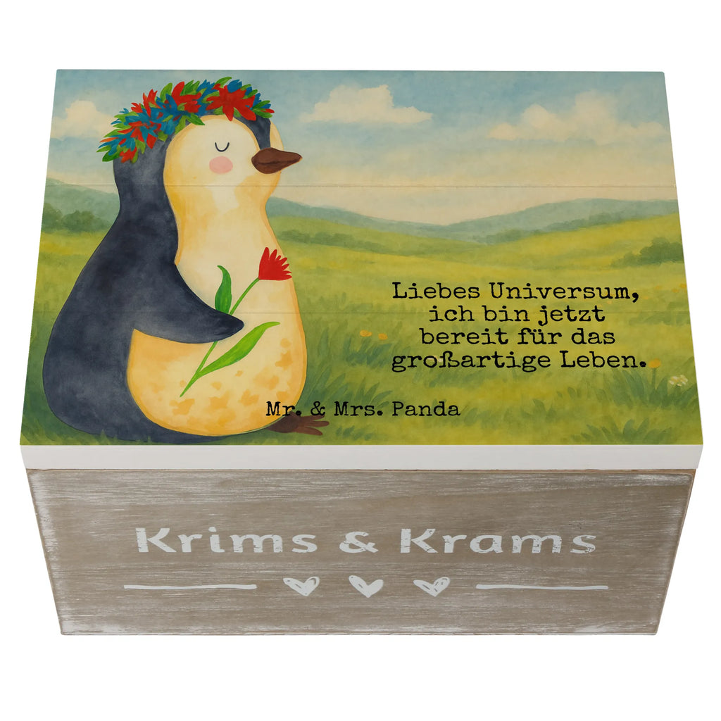 Holzkiste Pinguin Blumen Design Geschenkdose, Schatulle, Holzkiste, Dekokiste, Schatzkiste, Aufbewahrungsbox, XXL, Geschenkbox, Truhe, Kiste, Erinnerungsbox, Erinnerungskiste, Pinguin, Geschenkidee, Leben, Motivation, Blumenkranz, Lebenslust, Wünsche, Liebeskummer, Universum, Pinguine, Ziele, Lebensziele