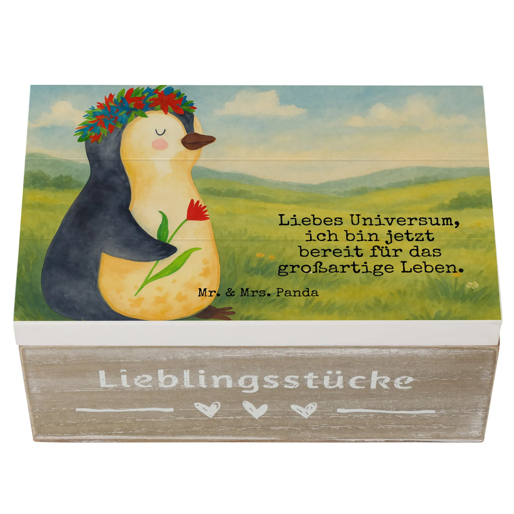 Holzkiste Pinguin Blumen Design Geschenkdose, Schatulle, Holzkiste, Dekokiste, Schatzkiste, Aufbewahrungsbox, XXL, Geschenkbox, Truhe, Kiste, Erinnerungsbox, Erinnerungskiste, Pinguin, Geschenkidee, Leben, Motivation, Blumenkranz, Lebenslust, Wünsche, Liebeskummer, Universum, Pinguine, Ziele, Lebensziele