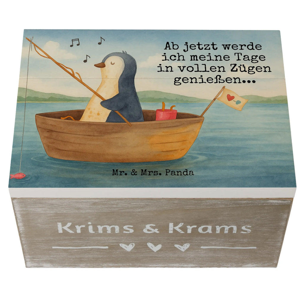 Holzkiste Pinguin Angelboot Design Geschenkbox, Geschenkdose, Dekokiste, Truhe, Erinnerungskiste, Holzkiste, Erinnerungsbox, Kiste, Aufbewahrungsbox, Schatzkiste, XXL, Schatulle, Pinguin, Trennung, Neustart, Pinguine, genießen, Geschenkidee Liebeskummer, Angelboot, Lebenslust, Neuanfang, Motivation, Angeln, Scheidung, Boot, Leben