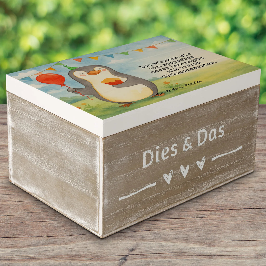 Holzkiste Pinguin Geburtstag Design Dekokiste, XXL, Schatulle, Aufbewahrungsbox, Geschenkdose, Kiste, Erinnerungsbox, Geschenkbox, Schatzkiste, Truhe, Holzkiste, Erinnerungskiste, Geburtstag, Geburtstagsgeschenk, Geschenk, Feiern, Kuchen, Torte, Party, Geschenke