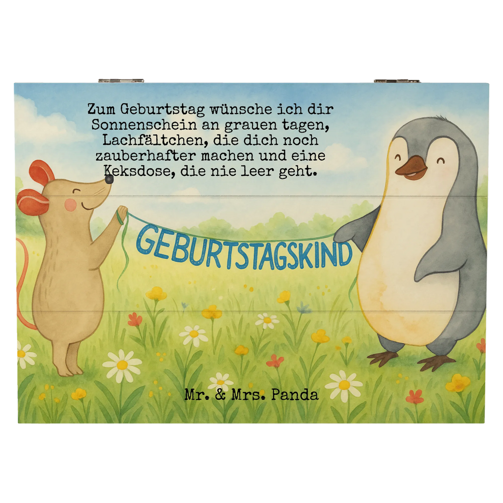 Skrzynia drewniana Mysz Pingwin urodziny Design Schatzkiste, Erinnerungsbox, Geschenkdose, Truhe, Aufbewahrungsbox, XXL, Geschenkbox, Erinnerungskiste, Kiste, Holzkiste, Dekokiste, Schatulle, Geburtstag, Geburtstagsgeschenk, Geschenk, Geburtstagsfeier, Pinguin, Happy Birthday, Geburtstage, Maus