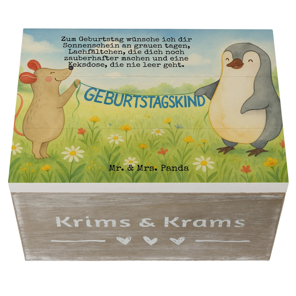 Skrzynia drewniana Mysz Pingwin urodziny Design Schatzkiste, Erinnerungsbox, Geschenkdose, Truhe, Aufbewahrungsbox, XXL, Geschenkbox, Erinnerungskiste, Kiste, Holzkiste, Dekokiste, Schatulle, Geburtstag, Geburtstagsgeschenk, Geschenk, Geburtstagsfeier, Pinguin, Happy Birthday, Geburtstage, Maus