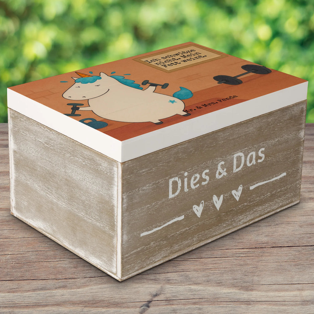 Holzkiste Einhorn Fitness Design Truhe, XXL, Geschenkbox, Schatzkiste, Holzkiste, Kiste, Schatulle, Aufbewahrungsbox, Geschenkdose, Erinnerungskiste, Dekokiste, Erinnerungsbox, Einhorn, Einhörner, Einhorn Deko, Unicorn, Gym, Fitnessstudio, Geräte, Fitness, Pumpen, Sixpack, Abnehmen, Sport, Diät