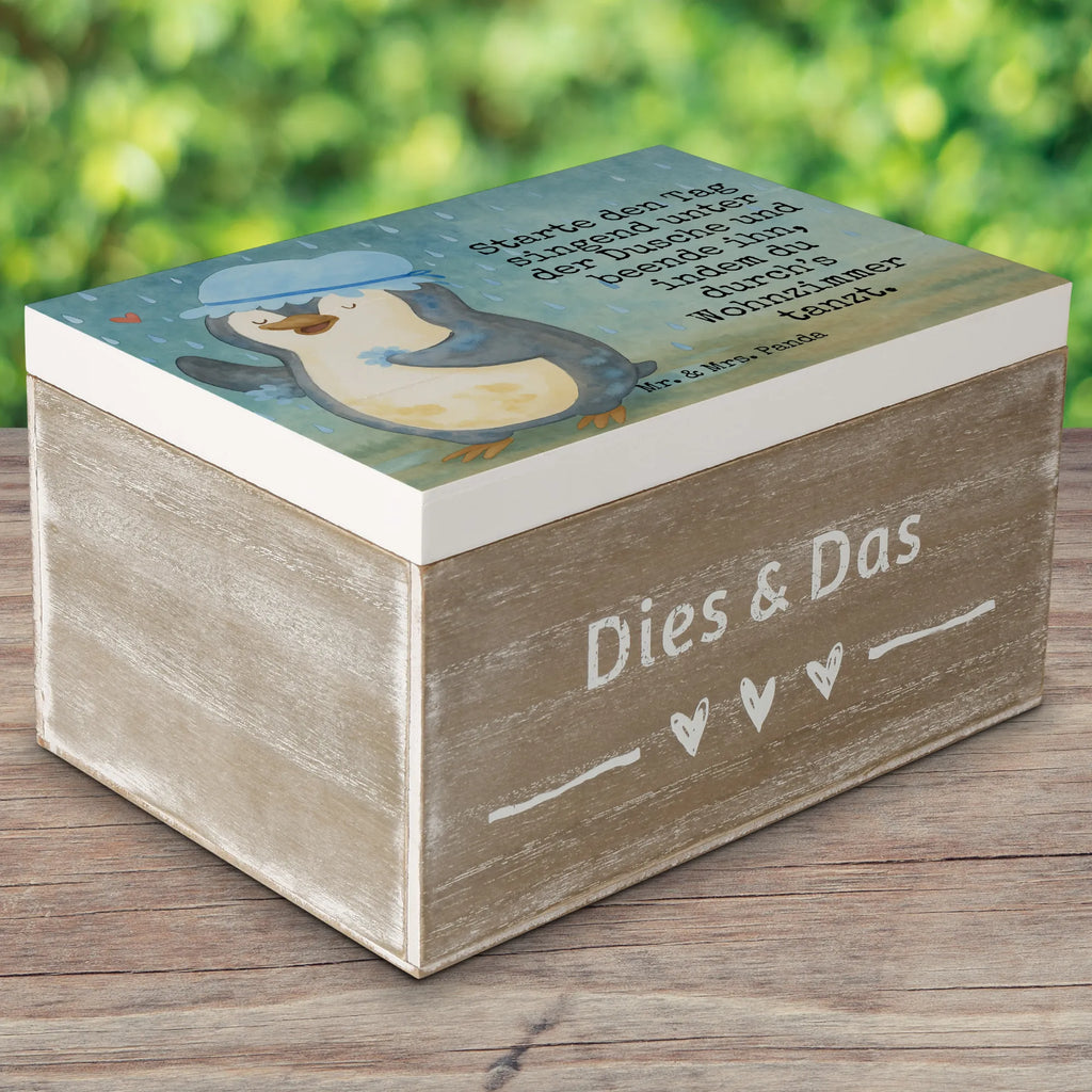 Holzkiste Pinguin Duschen Design Schatzkiste, Aufbewahrungsbox, Geschenkdose, Dekokiste, Erinnerungsbox, Erinnerungskiste, Holzkiste, Schatulle, XXL, Truhe, Geschenkbox, Kiste, Pinguin, Motivation, Neustart, Neuanfang, duschen, Lebensmotto, Dusche, glücklich sein, Pinguine