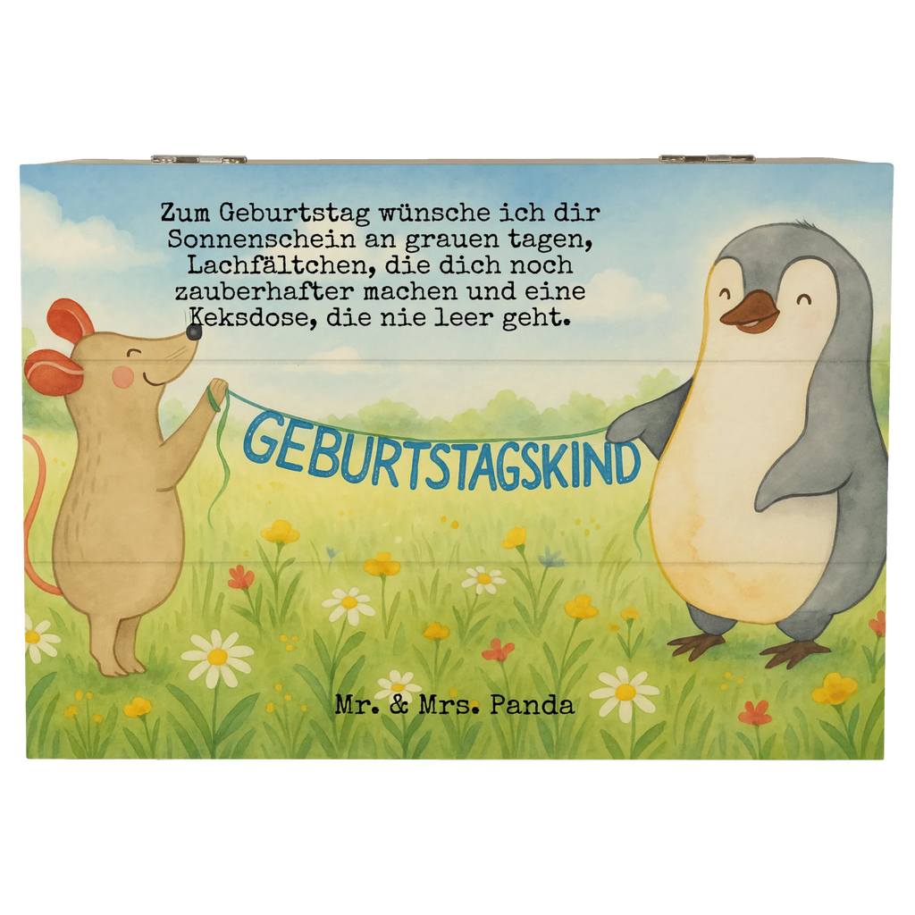 Skrzynia drewniana Mysz Pingwin urodziny Design Schatzkiste, Erinnerungsbox, Geschenkdose, Truhe, Aufbewahrungsbox, XXL, Geschenkbox, Erinnerungskiste, Kiste, Holzkiste, Dekokiste, Schatulle, Geburtstag, Geburtstagsgeschenk, Geschenk, Geburtstagsfeier, Pinguin, Happy Birthday, Geburtstage, Maus