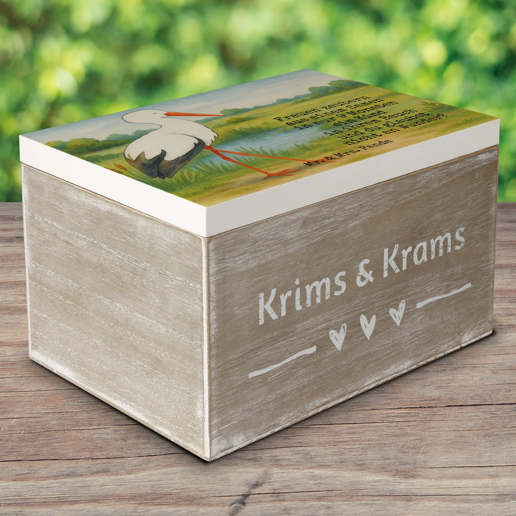 Holzkiste Storch Design Schatzkiste, Dekokiste, XXL, Geschenkdose, Erinnerungsbox, Erinnerungskiste, Holzkiste, Kiste, Geschenkbox, Aufbewahrungsbox, Truhe, Schatulle, Tiermotive, Gute Laune, lustige Sprüche, Tiere, Baby, Mutter werden, Mutter, Störche, Mütter, Storch, Babybauch, Schwanger, Schwangerschaft, Geburt