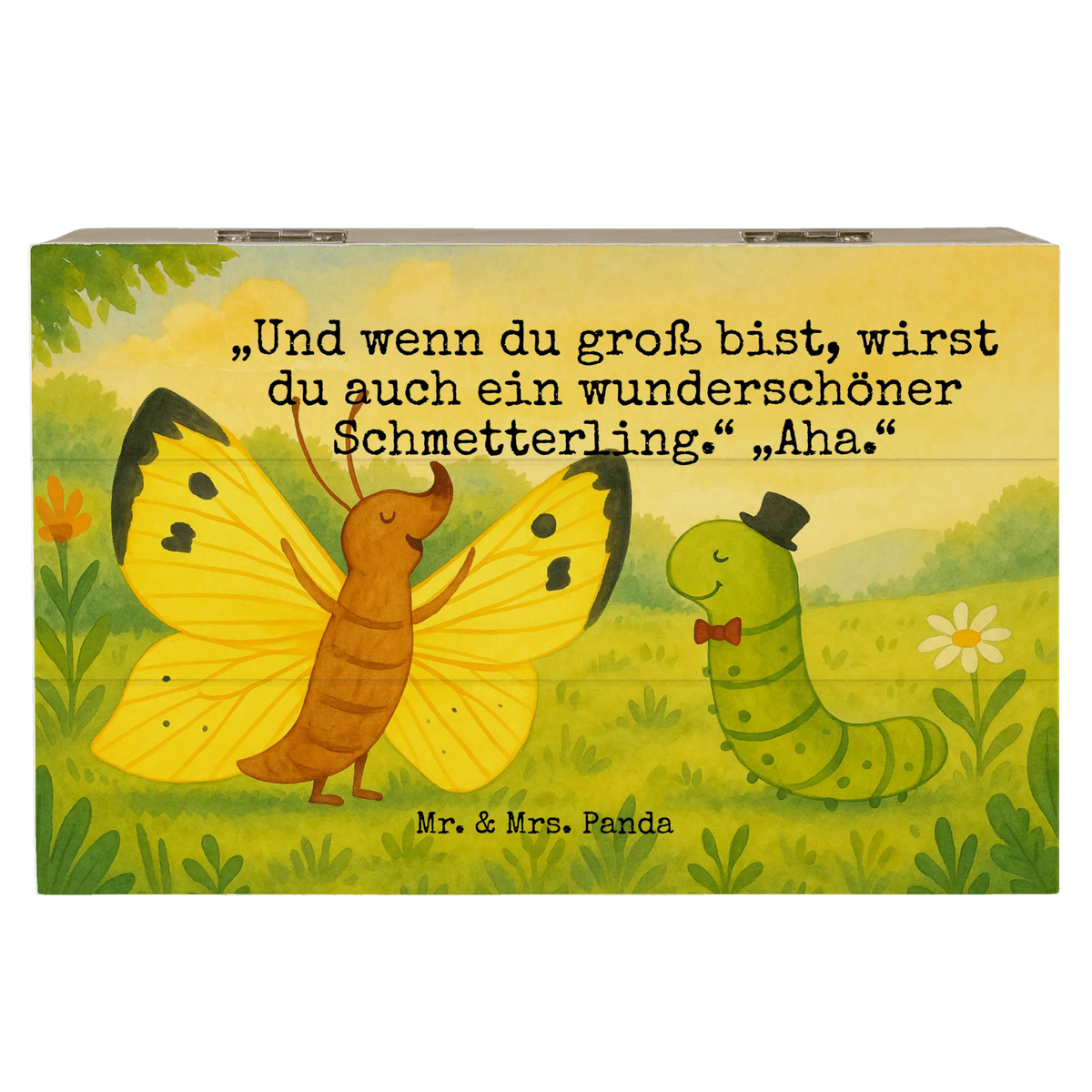 Wooden chest Caterpillar butterfly Design card, small animals, gifts, cute, cute animal motives, hand drawn, funny sayings, good mood, gift ideas, special gifts, animal lover, cocoon, growing up, development, lemon butterfly, butterfly, beauty, Caterpillar, hat