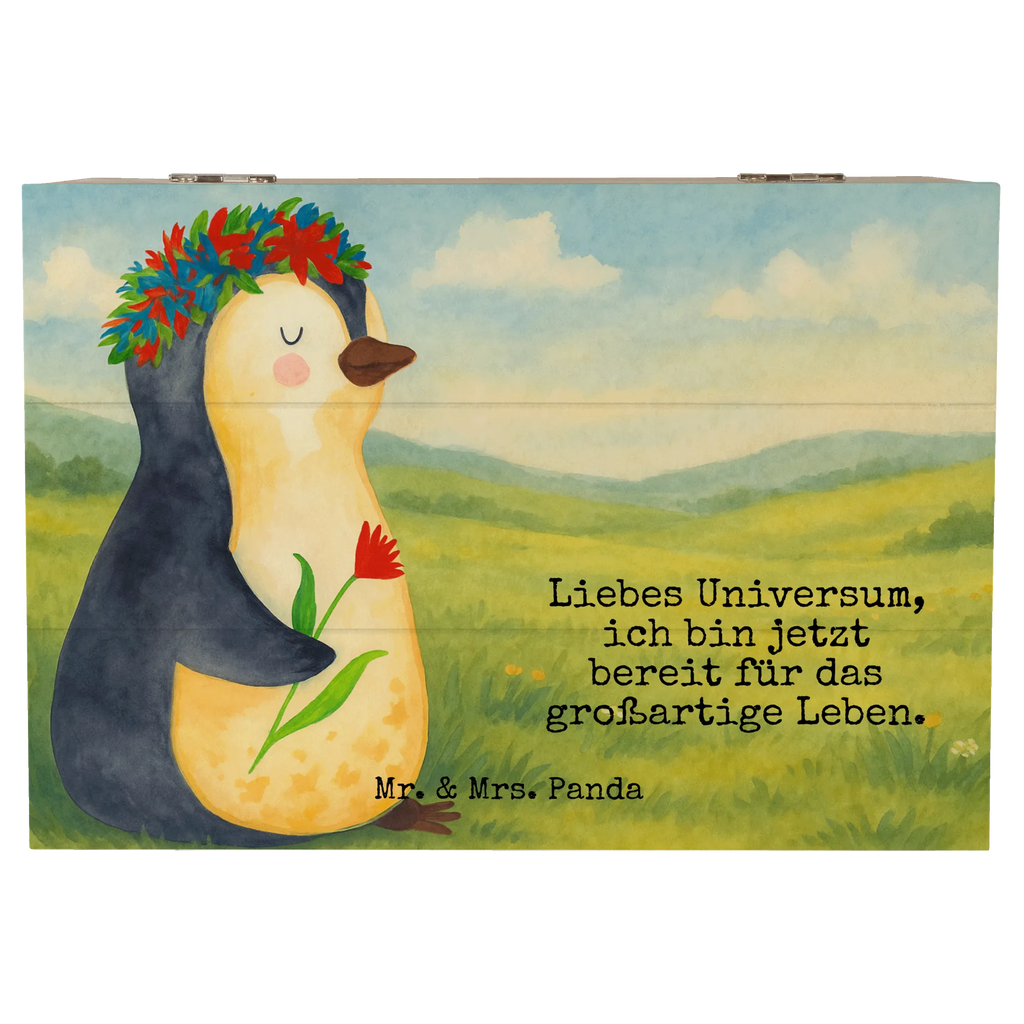 Holzkiste Pinguin Blumen Design Geschenkdose, Schatulle, Holzkiste, Dekokiste, Schatzkiste, Aufbewahrungsbox, XXL, Geschenkbox, Truhe, Kiste, Erinnerungsbox, Erinnerungskiste, Pinguin, Geschenkidee, Leben, Motivation, Blumenkranz, Lebenslust, Wünsche, Liebeskummer, Universum, Pinguine, Ziele, Lebensziele