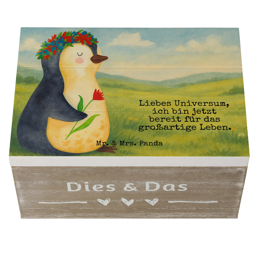 Holzkiste Pinguin Blumen Design Geschenkdose, Schatulle, Holzkiste, Dekokiste, Schatzkiste, Aufbewahrungsbox, XXL, Geschenkbox, Truhe, Kiste, Erinnerungsbox, Erinnerungskiste, Pinguin, Geschenkidee, Leben, Motivation, Blumenkranz, Lebenslust, Wünsche, Liebeskummer, Universum, Pinguine, Ziele, Lebensziele
