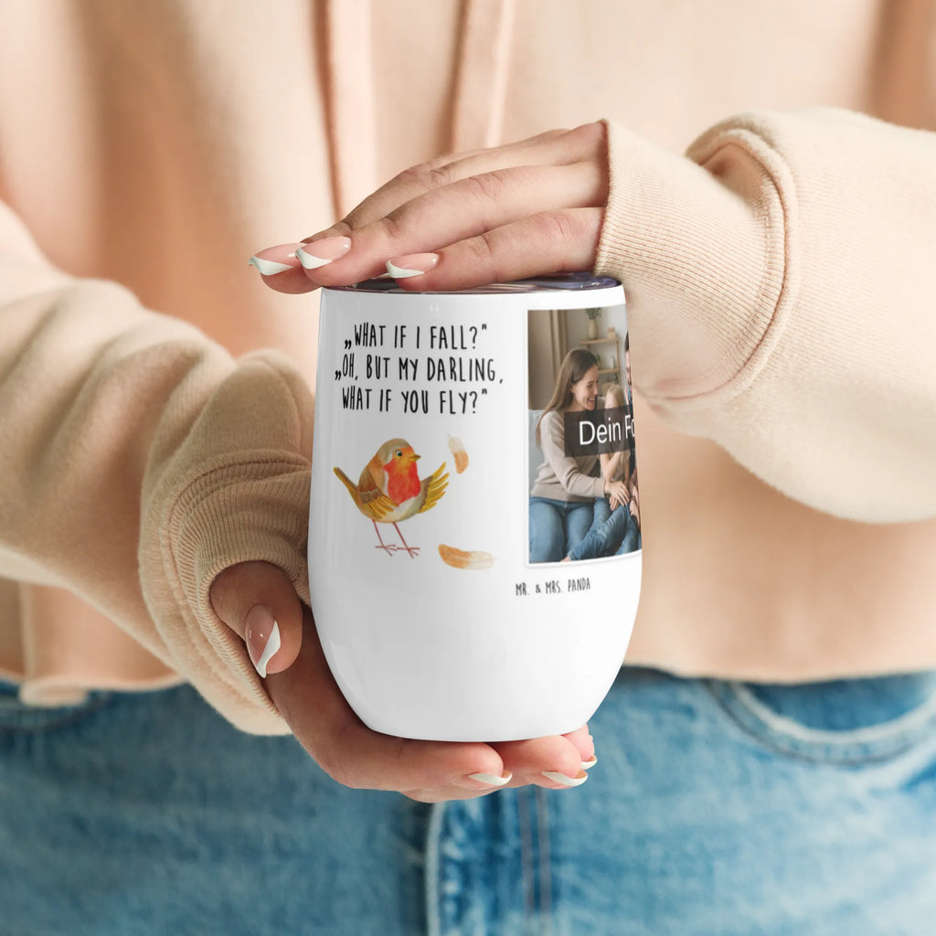 Personalized Photo Wine Mug robin feathers small animals, cute, funny, cute animal motives, hand drawn, small world, funny sayings, good mood, happy, gifts, gift ideas, special gifts, animal lover, card, flying, motivation slogans, motivation pictures, bird, slogan motivation, robin, What if i fall, slogan courage