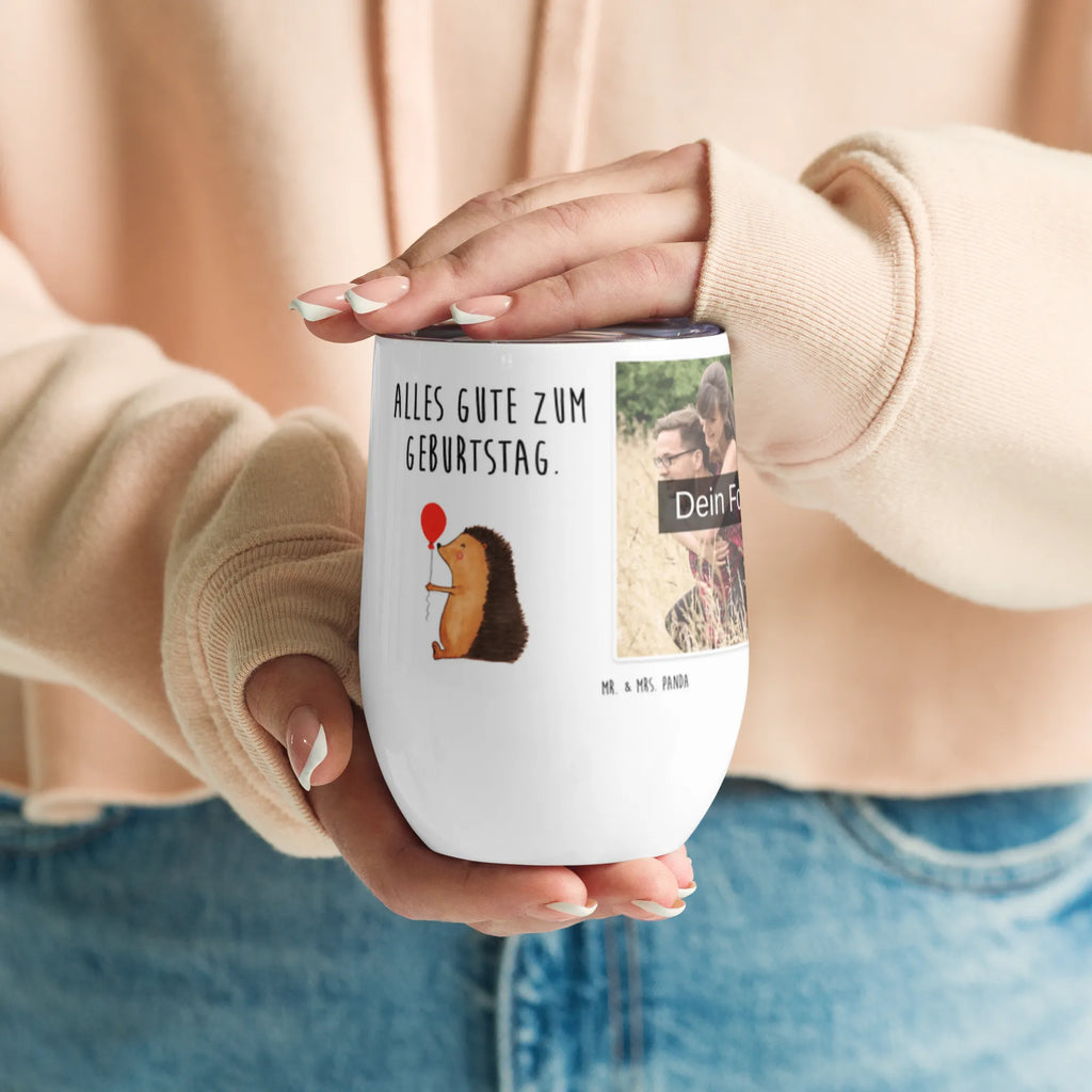 Personalized Photo Wine Mug Hedgehog balloon small animals, cute, funny, cute animal motives, hand drawn, small world, funny sayings, good mood, happy, gifts, gift ideas, special gifts, animal lover, card, Happy Birthday, Birthday Child, hedgehog, Birthday, Balloon