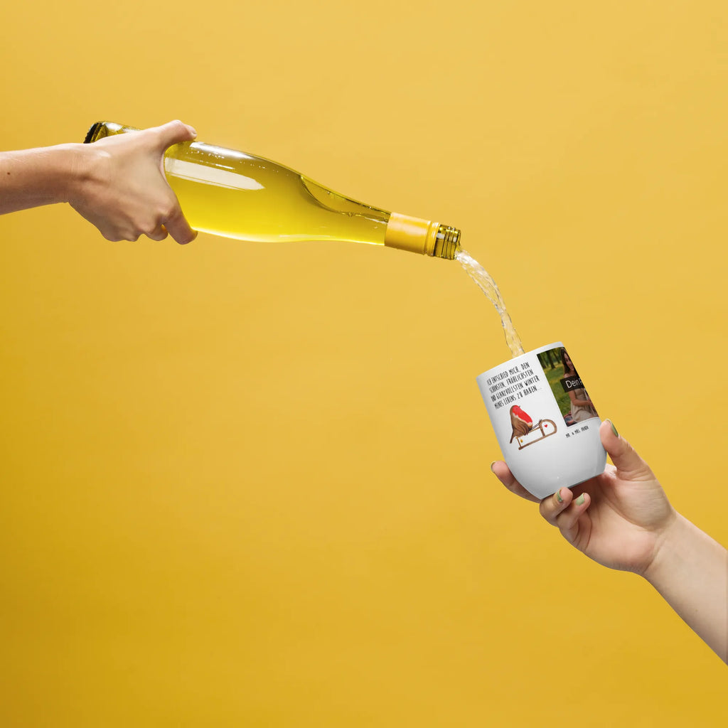 Spersonalizowany kubek do wina ze zdjęciem rudzik sanki Zima, Boże Narodzenie, dekoracje świąteczne, Mikołaj, Adwent, Wigilia, zimowy motyw