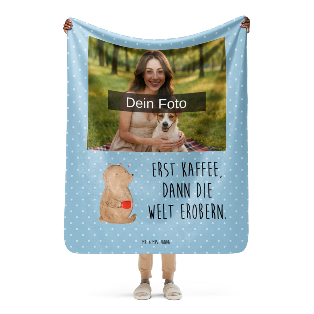 Sherpa Photo Cuddle Blanket bear Coffee bear, teddy, teddy bear, cuddly toy, conquer the world, motivation, bears, coffee, good morning, save the world, morning routine