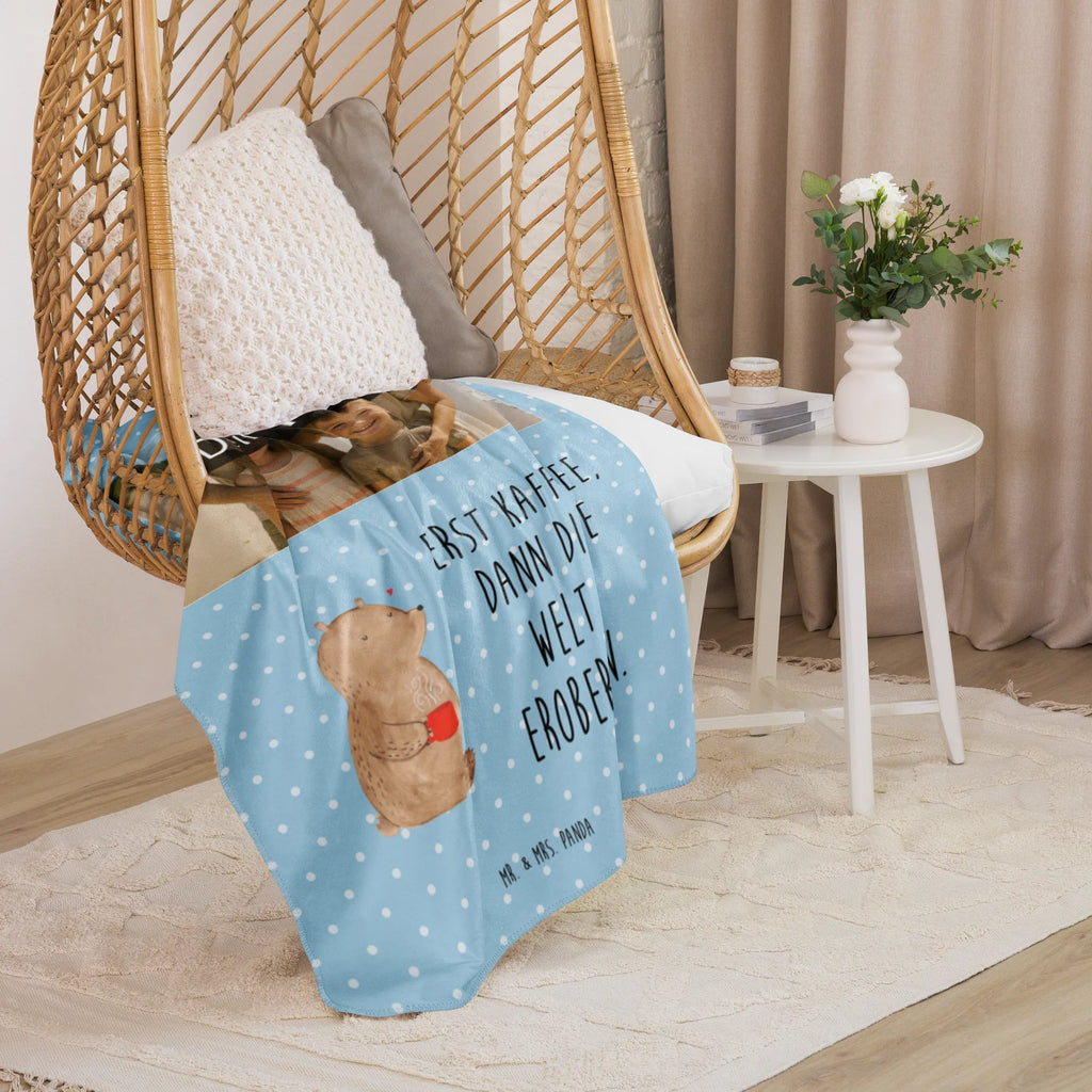 Sherpa Photo Cuddle Blanket bear Coffee bear, teddy, teddy bear, cuddly toy, conquer the world, motivation, bears, coffee, good morning, save the world, morning routine