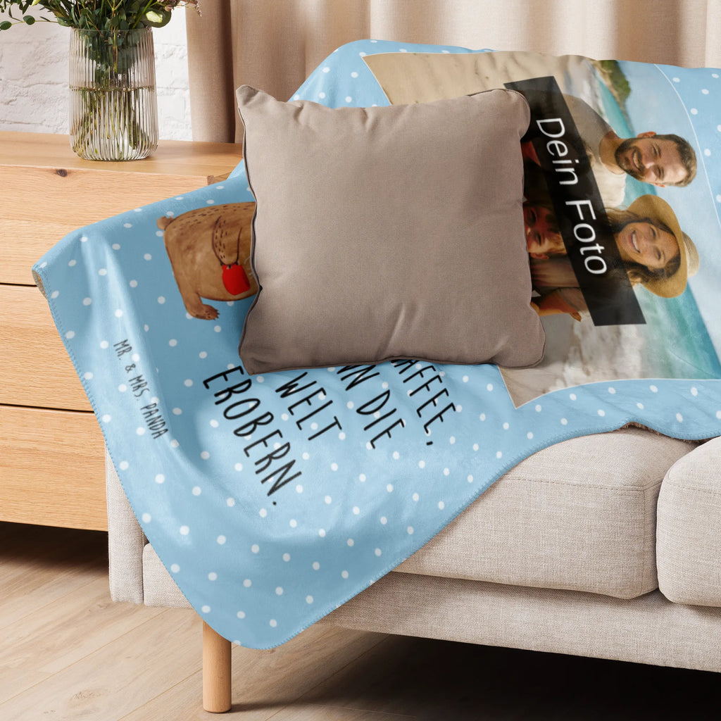 Sherpa Photo Cuddle Blanket bear Coffee bear, teddy, teddy bear, cuddly toy, conquer the world, motivation, bears, coffee, good morning, save the world, morning routine